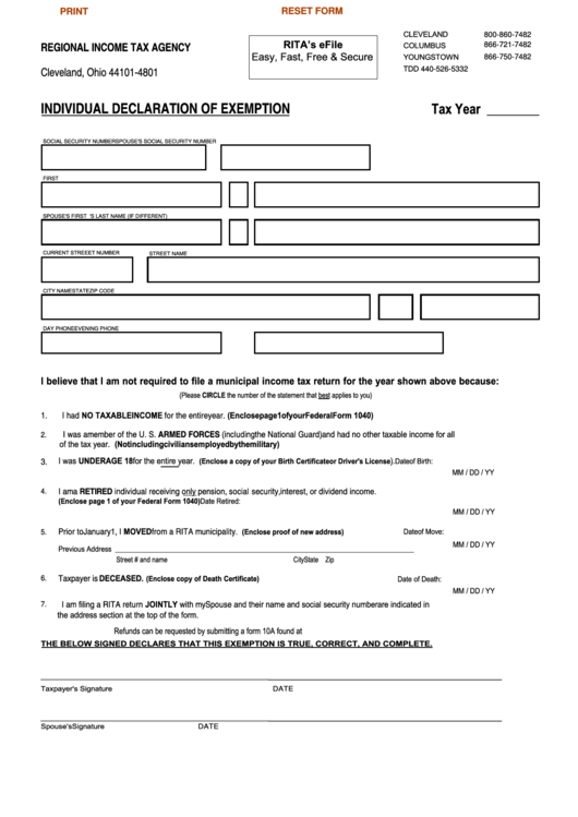 Fillable Individual Declaration Of Exemption Form - Regional Income Tax Agency Printable pdf