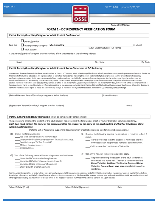 Form 1 - Dc Residency Verification Form Printable pdf