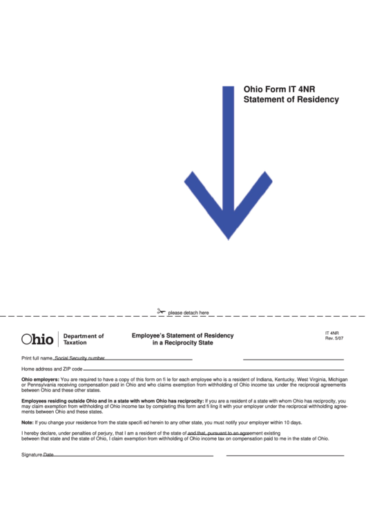 Ohio Form It 4nr Statement Of Residency Printable pdf