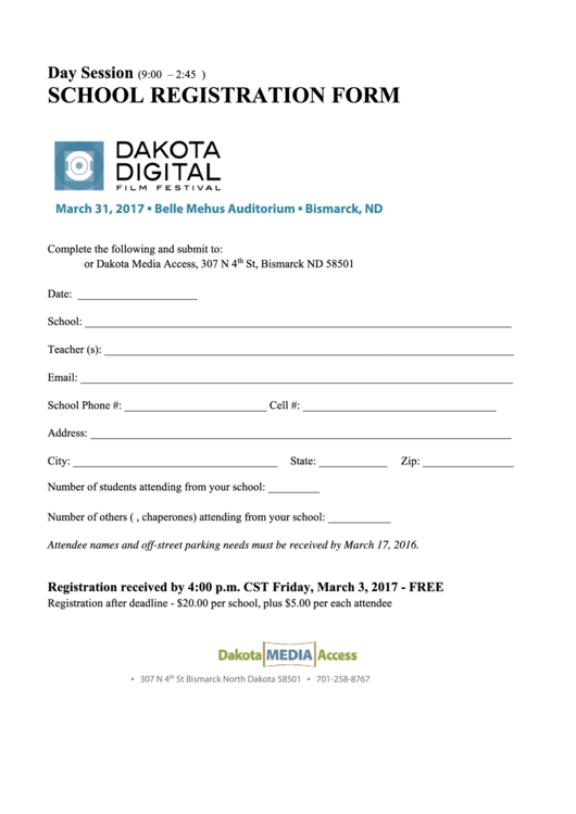 Fillable School Registration Form - Dakota Digital Film Festival Printable pdf