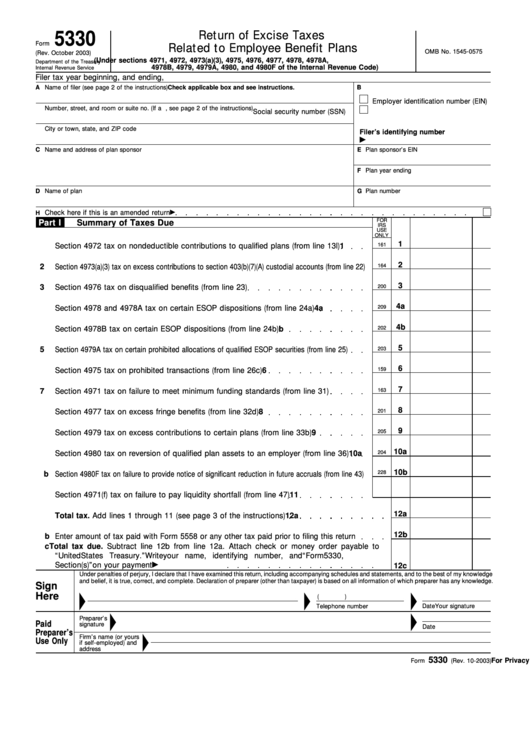 Fillable Form 5330 - Return Of Excise Taxes Related To Employee Benefit Plans Printable pdf