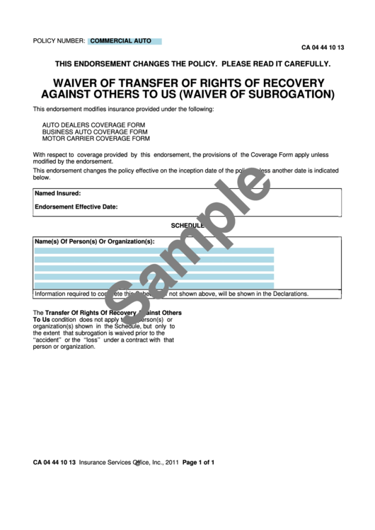 Waiver Of Subrogation Endorsement Form Pdf