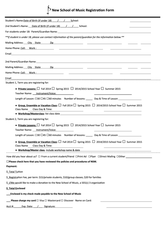New School Of Music Registration Form Printable pdf