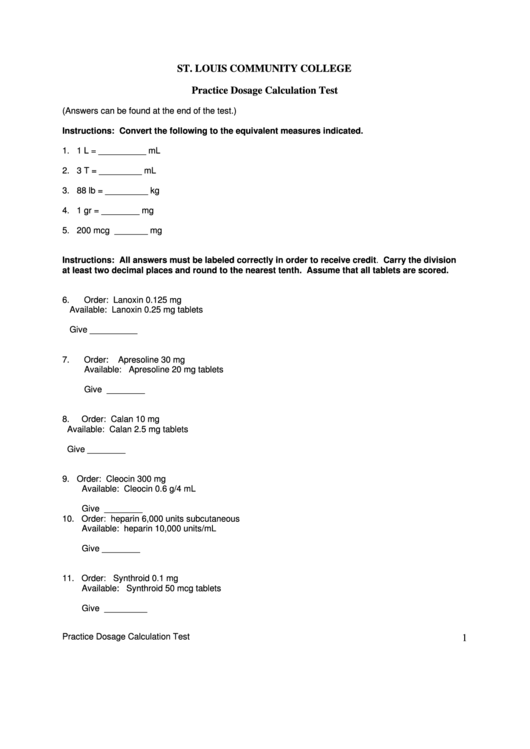 St. Louis Community College Practice Dosage Calculation Test Printable pdf