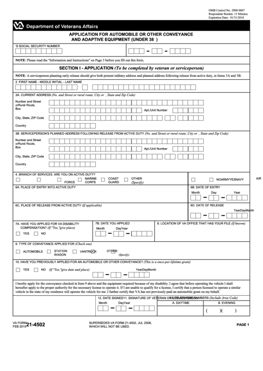 Fillable Application For Automobile Or Other Conveyance And Adaptive Equipment(Va Form 21-4502) Printable pdf