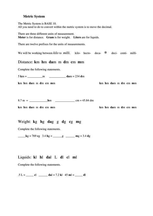 Metric System Math Worksheet Printable pdf