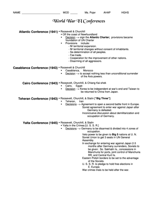 Second World War Conferences Worksheet Printable pdf