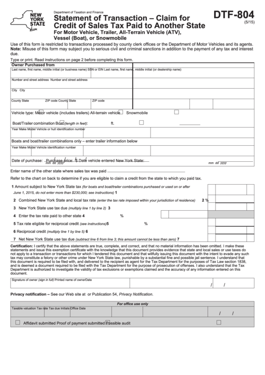 Form Dtf-804 - Statement Of Transaction - Claim For Credit Of Sales Tax Paid To Another State, New York State Printable pdf