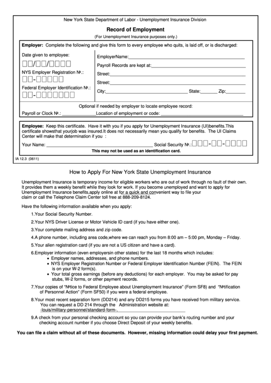 Record Of Employment - New York State Department Of Labor Printable pdf