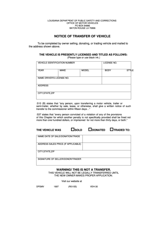 Form Dpsmv 1697 - Notice Of Transfer Of Vehicle