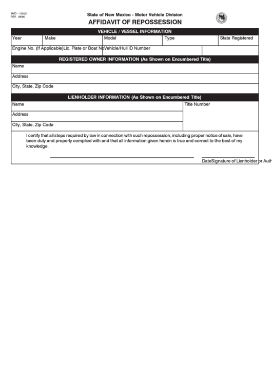 Fillable Form Mvd-10012 - Affidavit Of Repossession Printable pdf