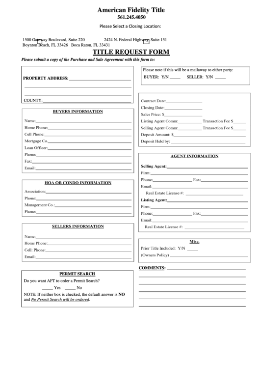 Fillable Title Request Form - American Fidelity Title Printable pdf