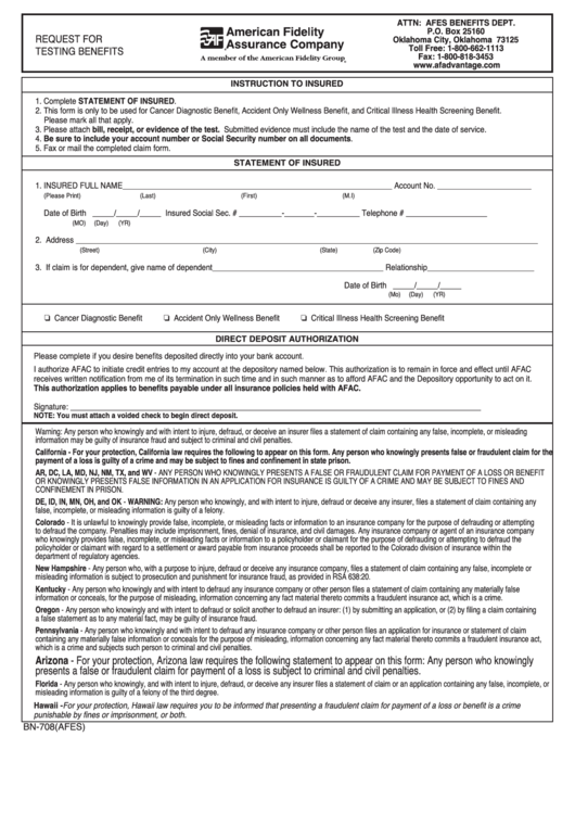 Form Bn-708 - Request For Testing Benefits - American Fidelity Printable pdf