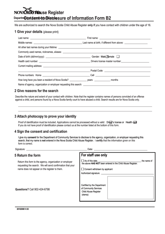 Fillable Child Abuse Register Consent To Disclosure Of Information Form B2 - Nova Scotia Department Of Community Service Printable pdf
