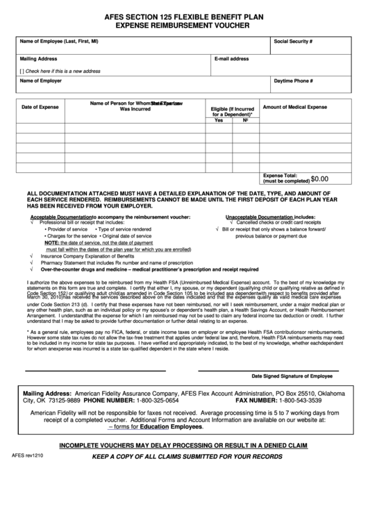Fillable Expense Reimbursement Form - Afes Section 125 Flexible Benefit Plan Printable pdf