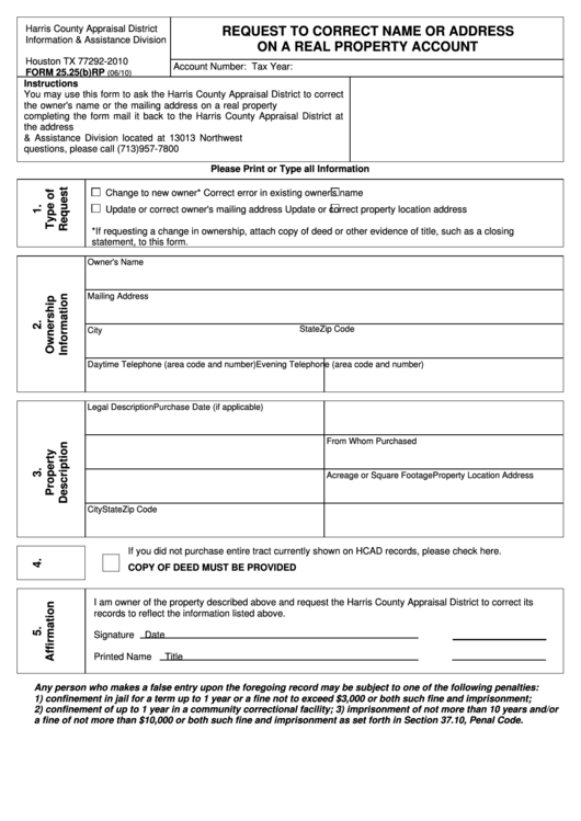 Request To Correct Name Or Address On A Real Property Account Printable pdf