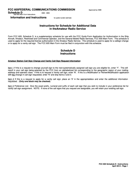 Fcc 605 Schedule D -schedule For Additional Data In The Amateur Radio Service