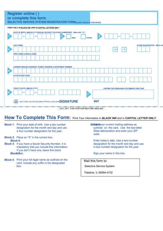 Selective Service System Registration Form Printable pdf