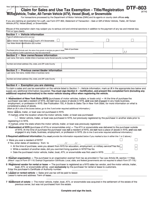 Dtf-803 - New York State, Claim For Sales And Use Tax Exemption Printable pdf