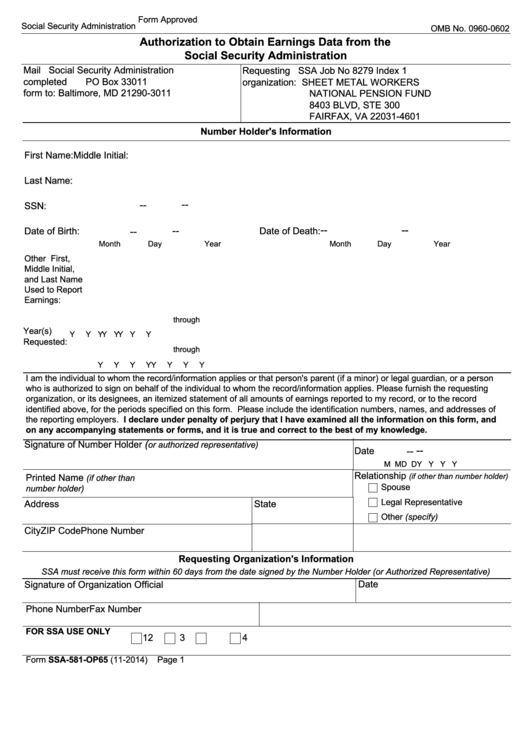 Fillable Form Ssa-581-Op65 - Authorization To Obtain Earnings Data From The Social Security Administration Printable pdf