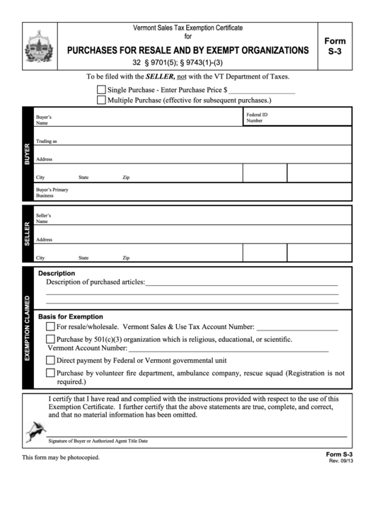 Form S-3 - Purchases For Resale And By Exempt Organizations - 2013 Printable pdf
