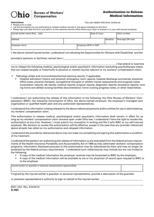 Authorization To Release Medical Information - Ohio Bwc Printable pdf