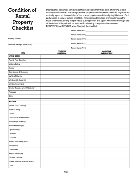 Condition Of Rental Property Checklist Template Printable pdf
