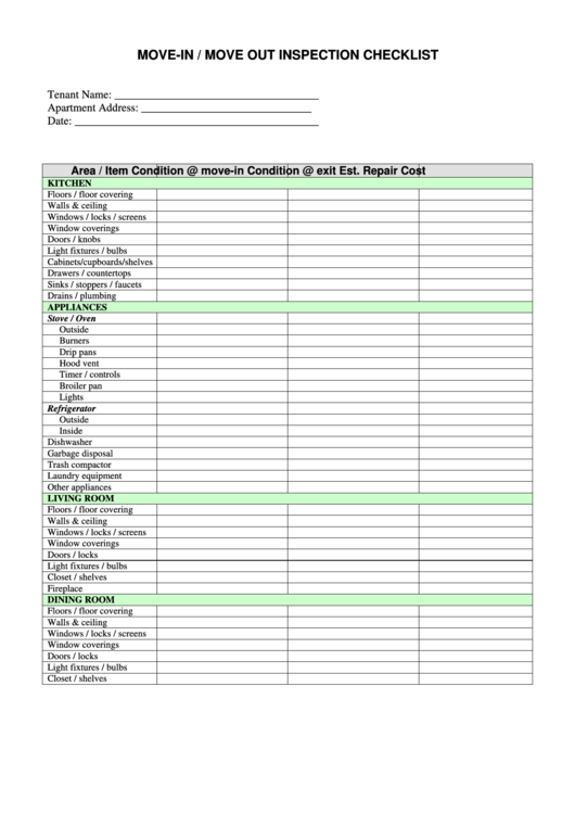 Move In/move Out Inspection Checklist Template printable pdf download