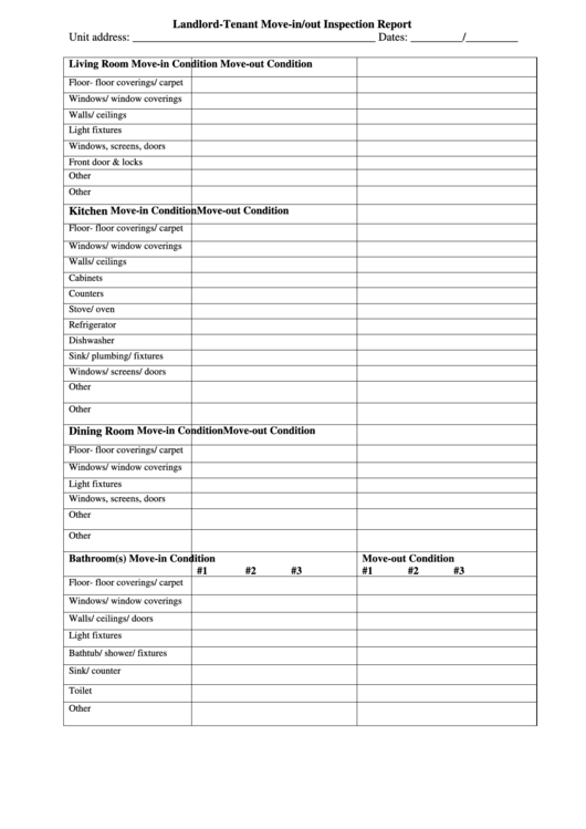 Landlord-Tenant Move-In/out Inspection Report Printable pdf