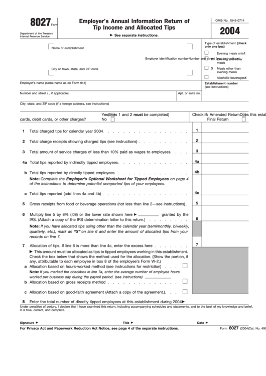 Fillable Form 8027 (2004) Employer