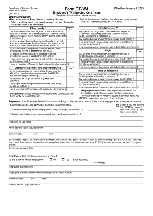 Form CtW4 Employee'S Withholding Certificate printable pdf download