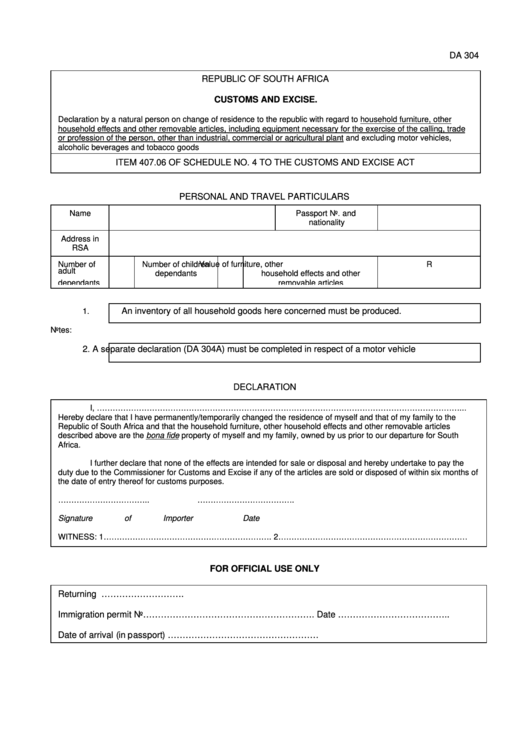 South Africa Customs And Excise Form