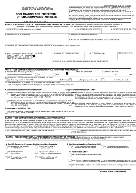 Customs Form 3299 - Declaration Form For Free Entry Of Unaccompanied Articles, Supplemental Declaration For Inaccompaniedpersonal And Household Effects, Customs Form 5291 - Power Of Attorney