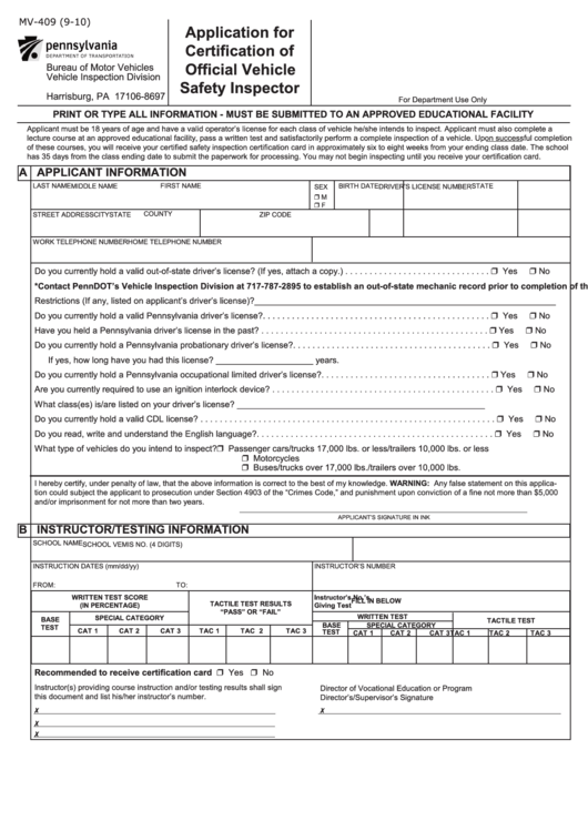 Fillable Form Mv-409 - Application For Certification Of Official Vehicle Safety Inspector Printable pdf