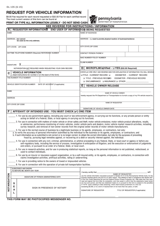 Fillable Form Dl-135 - Request For Vehicle Information Printable pdf