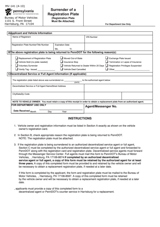 Fillable Form Mv-141 - Surrender Of A Registration Plate Printable pdf