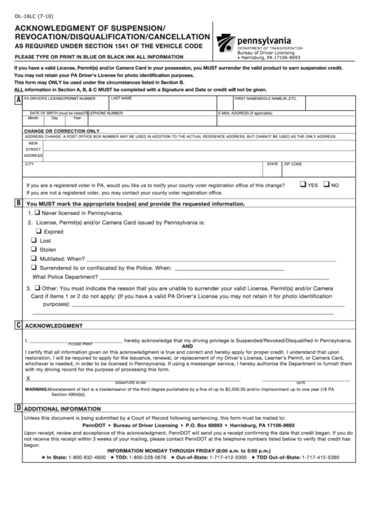 Fillable Form Dl-16lc - Acknowledgment Of Suspension / Revocation / Disqualification / Cancellation Template Printable pdf