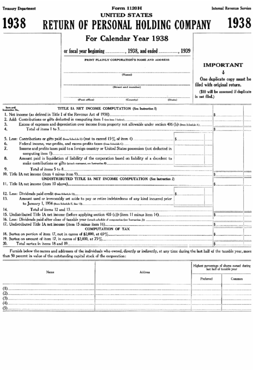Form 1120 H - Return Of Personal Holding Company - 1938 Printable pdf