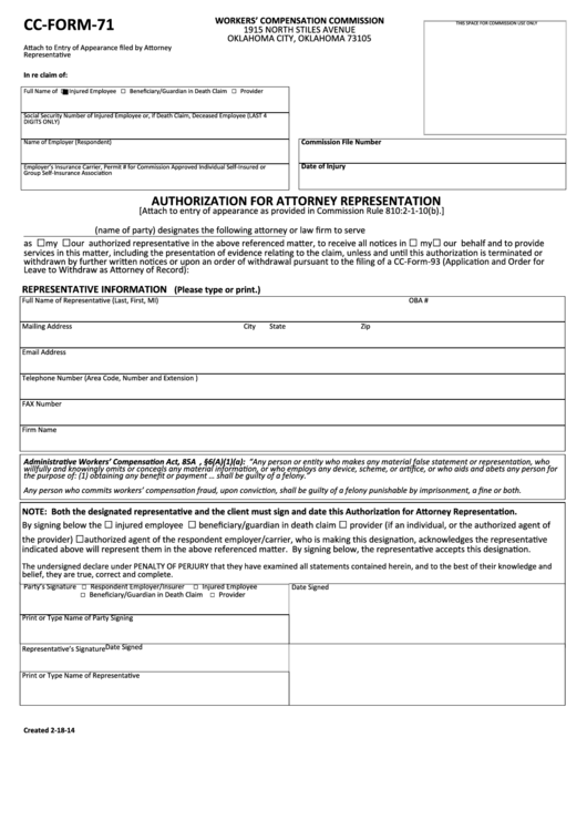 Fillable Cc-Form-71 - State Of Oklahoma, Authorization For Attorney Representation Printable pdf