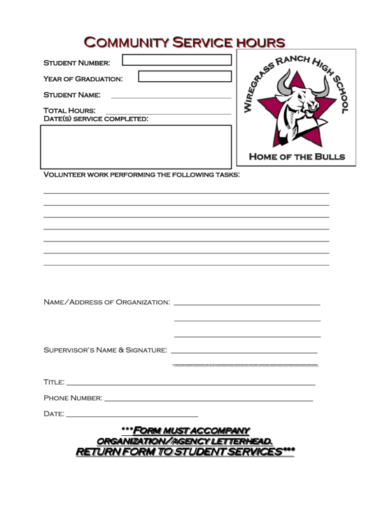 Community Service Hours Form Printable pdf