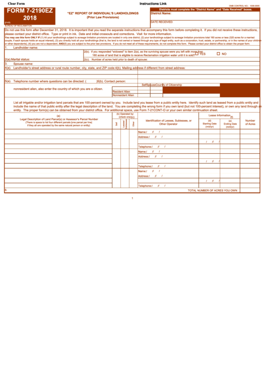 Fillable Form 7-2190ez - Ez Report Of Individuals Landholdings - 2016 Printable pdf