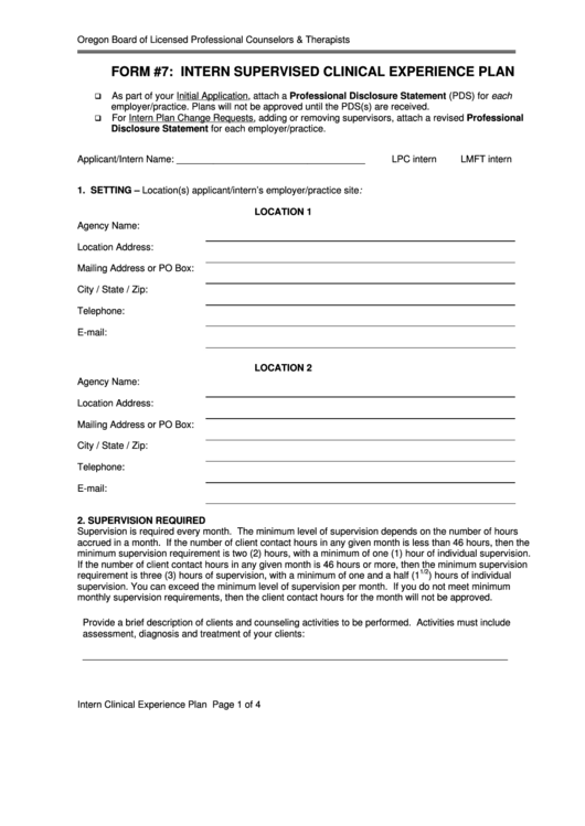Fillable Form #7: Intern Supervised Clinical Experience Plan Printable pdf