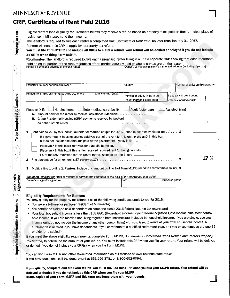 Crp Instruction And Form 2016 printable pdf download