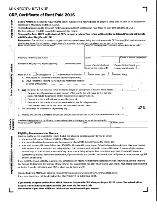 Crp Instruction And Form - 2016 Printable pdf