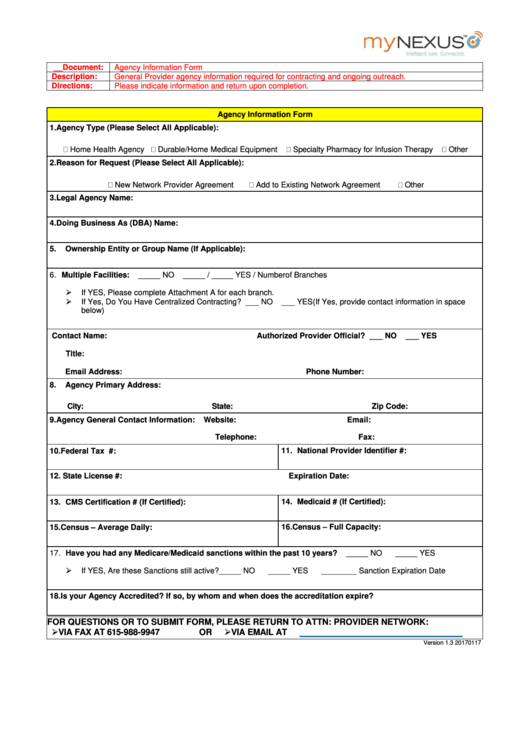 Fillable Agency Information Form - Mynexus Printable pdf