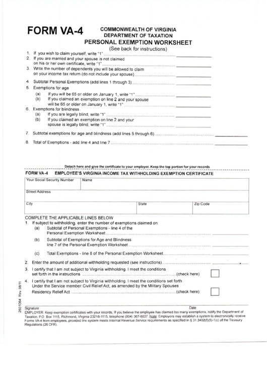 Form Va-4 - Personal Exemption Worksheet Printable pdf