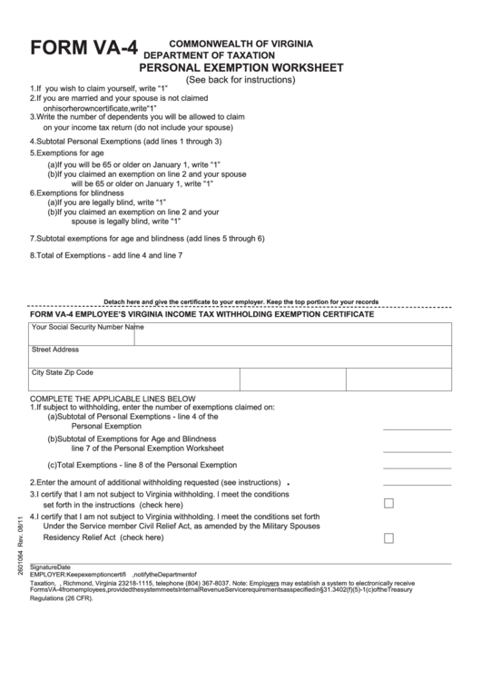 Form Va-4 - Personal Exemption Worksheet