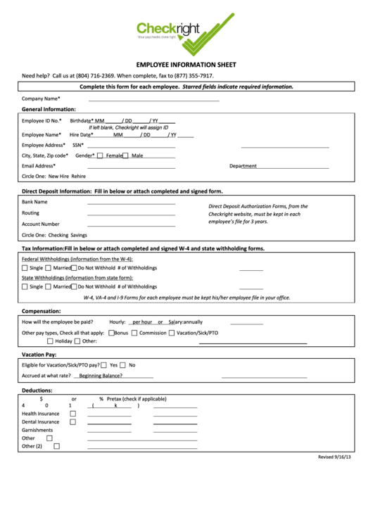 Employee Information Sheet - Checkright Printable pdf