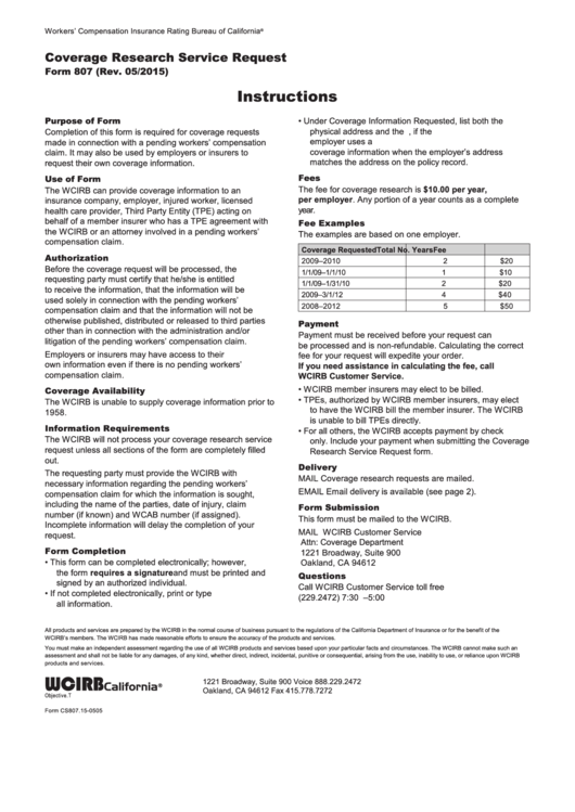 Fillable Form 807 - Coverage Research Service Request - Wcirb California Printable pdf