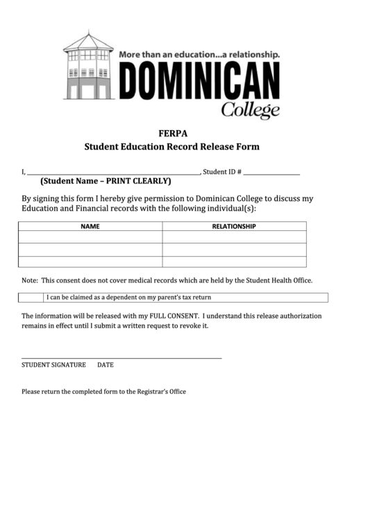 Ferpa Student Education Record Release Form - Dominican College Printable pdf